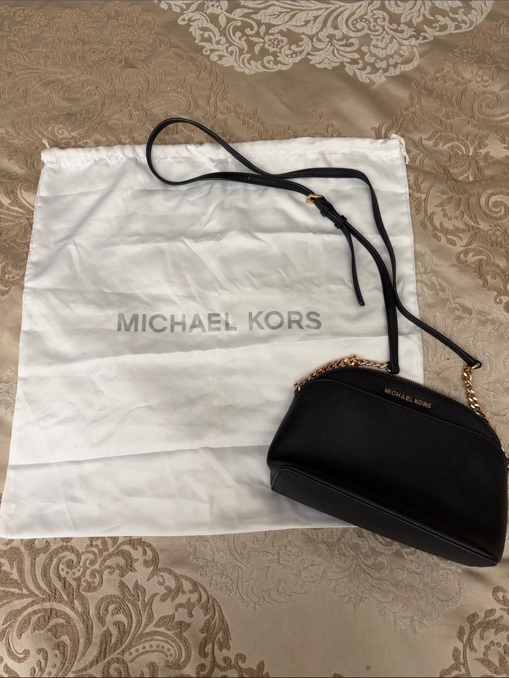 Michael Kors Black Crossbody “Jet Set” Dome Shape with Gold Chain Accents